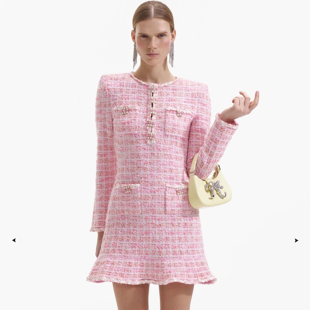 NWT Self-Portrait Pink Tweed Long Sleeve Dress